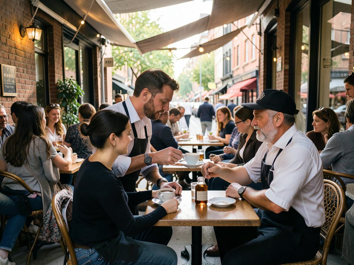 Terraza de una cafetería de barrio con clientes y camarero