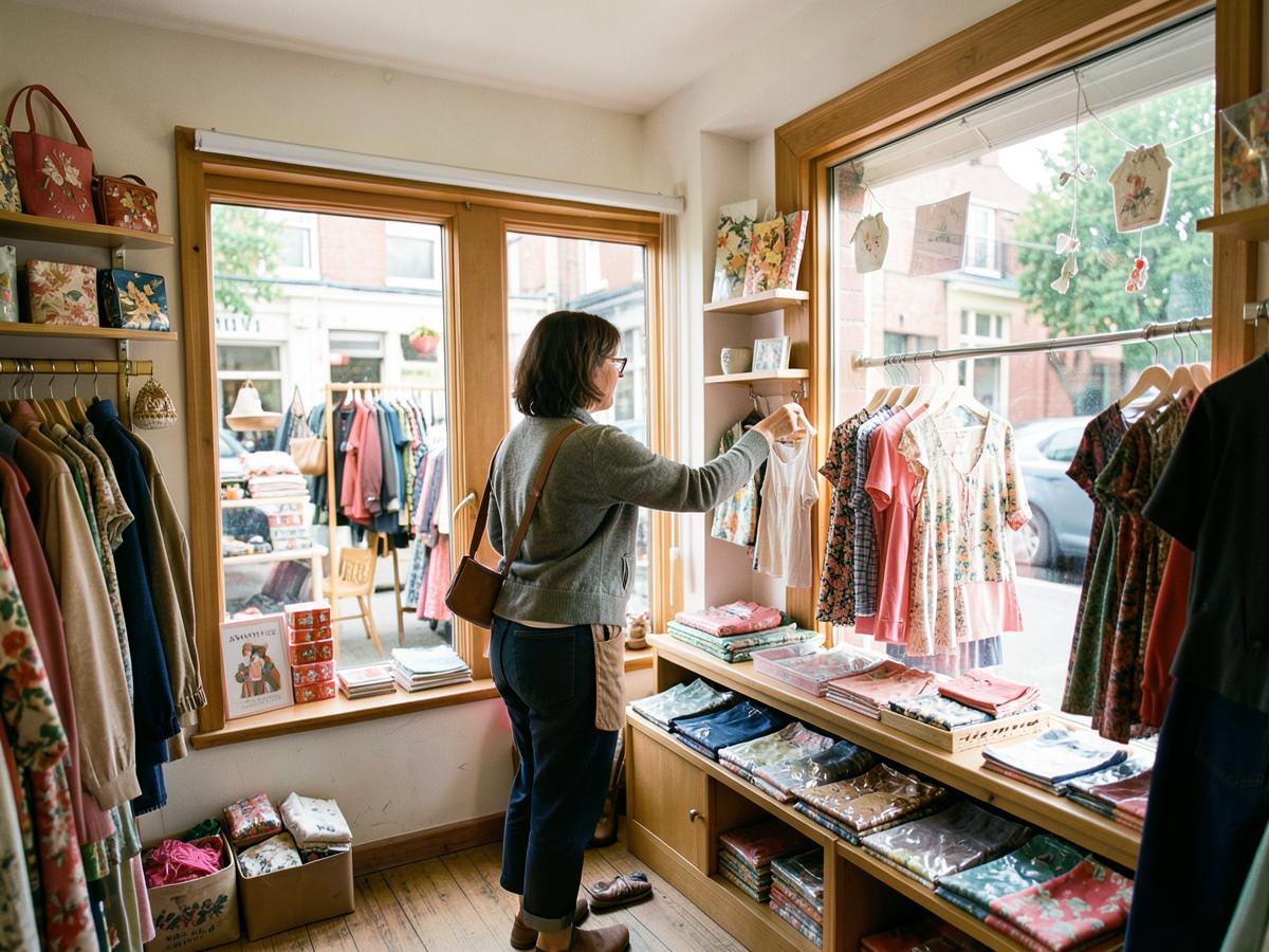 Tienda de proximidad con la responsable preparando el escaparate